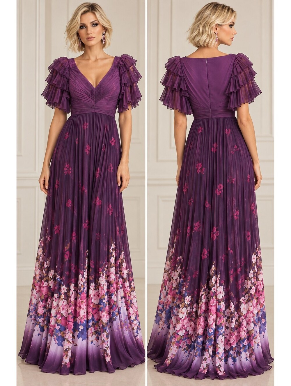 $1,400 Badgley Mischka Purple Floral Pleated Maxi Ruffle Sleeve V-Neck Gown Sz 4